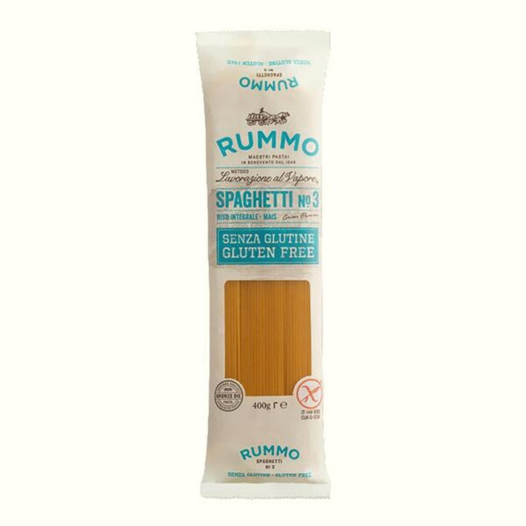 Опаковка Rummo №3 безглутенови спагети 400 г с изображение на тънки паста ленти.