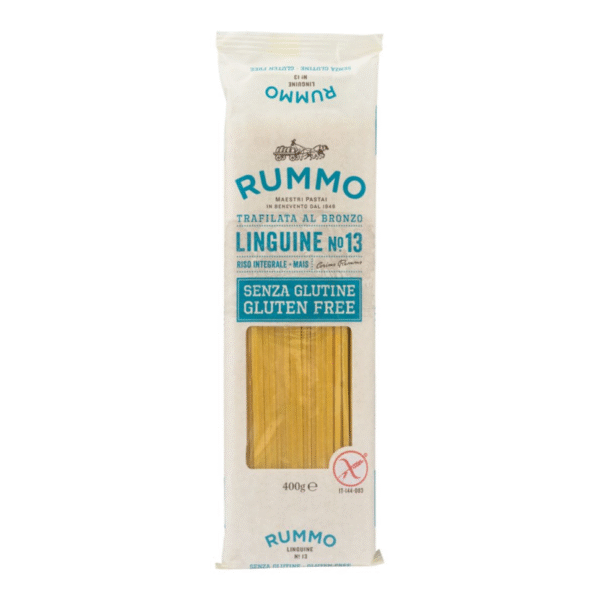 Опаковка Rummo №13 лингуини без глутен 400 г с изображение на плоски паста ленти.