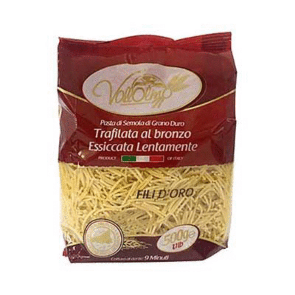 Опаковка Vallolmo фиде 500 г с видима тънка форма на пастата.