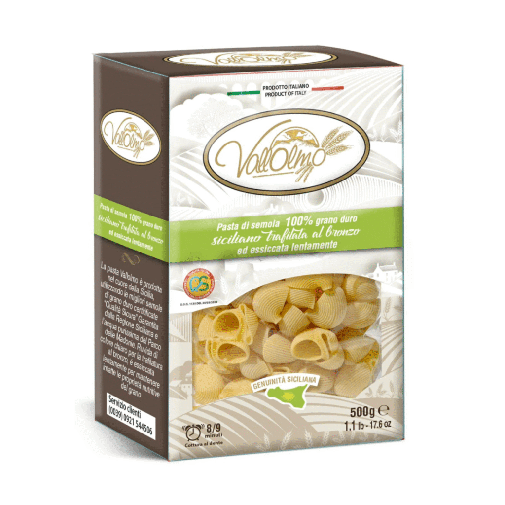 Кутия паста Vallolmo Лумакони 500 г с видима тръбеста форма.