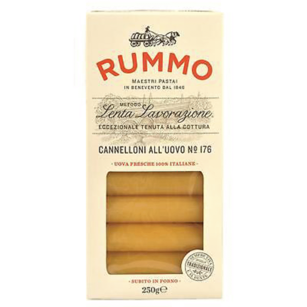 Опаковка паста RUMMO Канелони с яйца N°176 250 г с жълти и червени цветове на опаковката, показваща традиционен италиански дизайн.