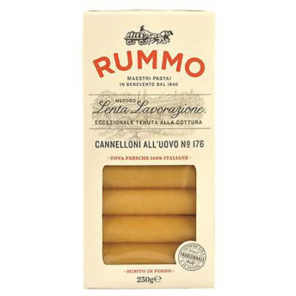 Опаковка паста RUMMO Канелони с яйца N°176 250 г с жълти и червени цветове на опаковката, показваща традиционен италиански дизайн.