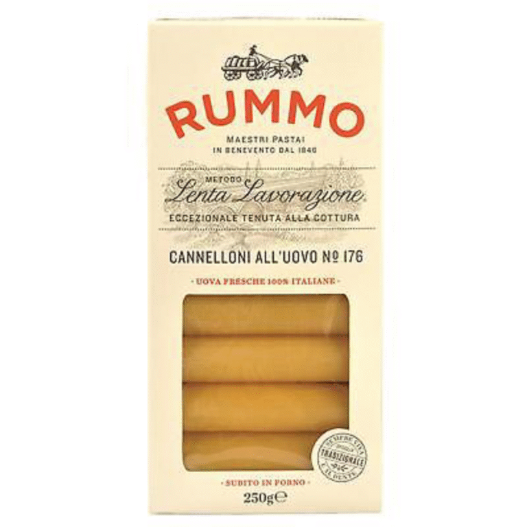 Опаковка паста RUMMO Канелони с яйца N°176 250 г с жълти и червени цветове на опаковката, показваща традиционен италиански дизайн.
