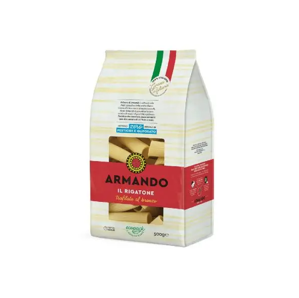 Опаковка ригатони Armando 500 г – релефни макарони от твърда пшеница.