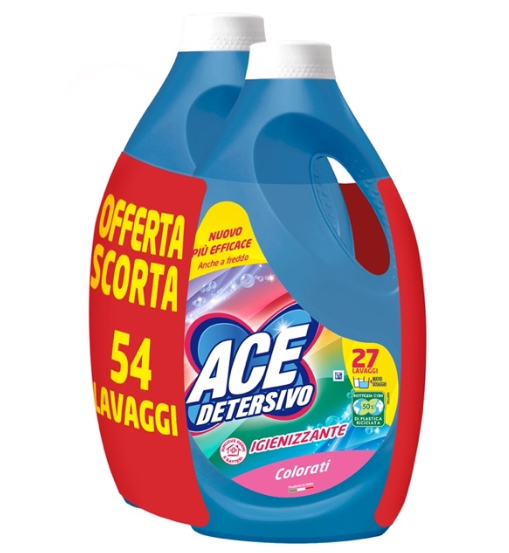 4460.png Двойна опаковка течен перилен препарат Ace Цветно за 27 пранета, с цветен и ярък дизайн на етикета.