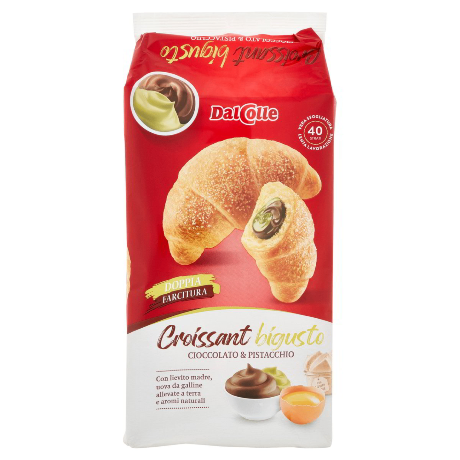 450025.png Опаковка от 250 г кроасан DalColle с двоен пълнеж – шоколадов крем и крем от шамфъстък.