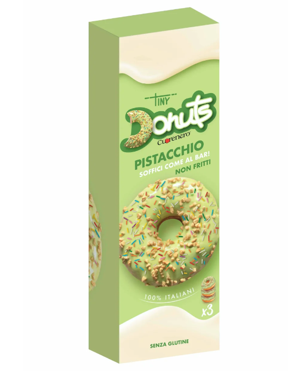 Три мини безглутенови понички Tiny Donuts с крем от шамфъстък, поръсени с ядки, в пакет 111 г