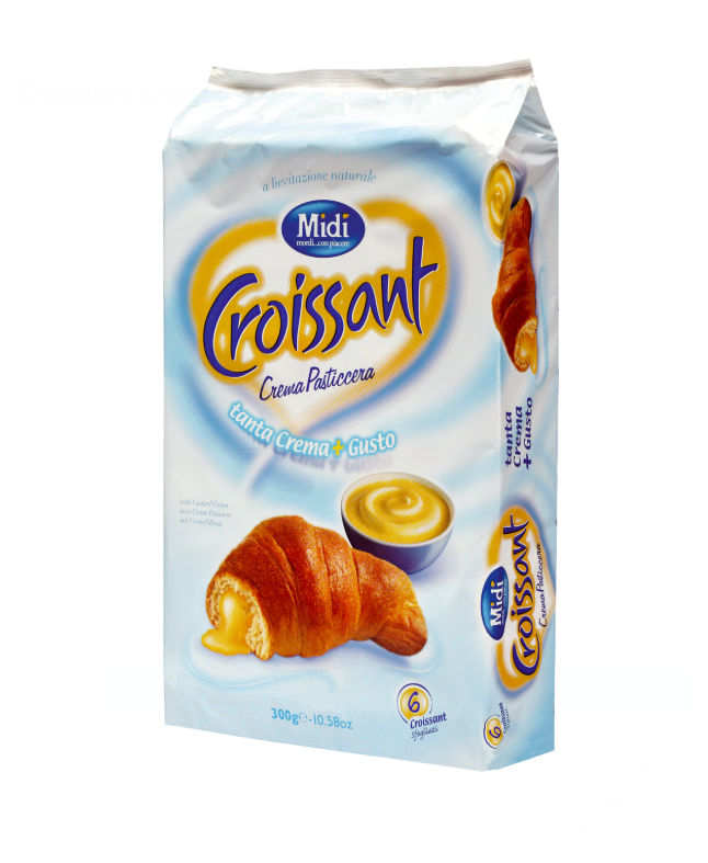 Опаковка с 6 кроасана Casalini Midi (по 50 г), пълнени с яйчен крем пастичериа.
