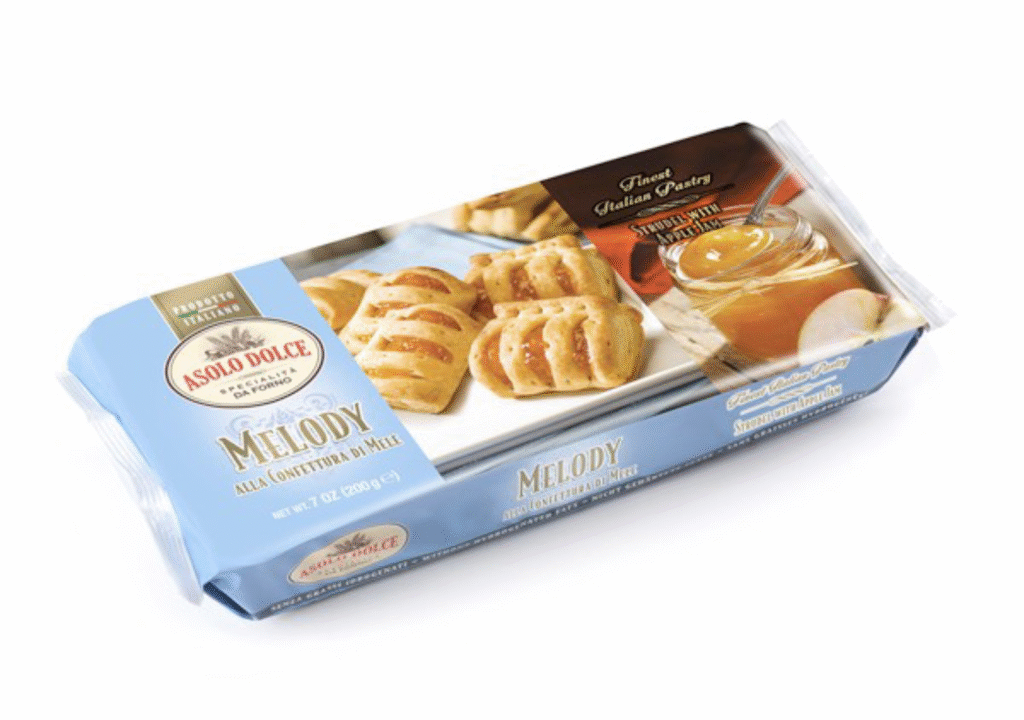Опаковка от 100 г щрудел Melody с ябълков пълнеж, произведен от Asolo Dolce S.p.A., Италия.