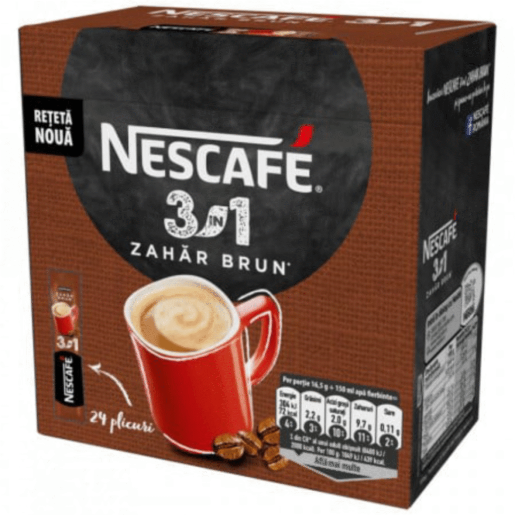 Кутия NESCAFÉ 3 In 1 с кафява захар – 24 дози по 16.5 г за ароматно кафе със сладък привкус