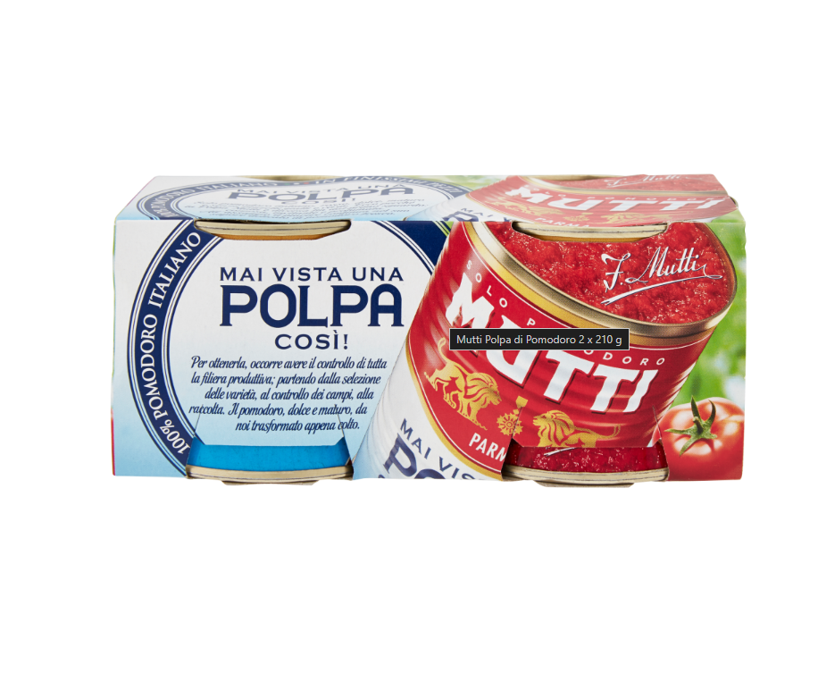460100.png Двойна опаковка млени домати Mutti 2x210 г – класическа италианска консерва с червен етикет и златисти акценти.