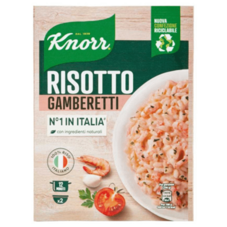 Опаковка Ризото Knorr Със Скариди 175 г с апетитно изображение на ризото с розови скариди и кремообразна текстура.