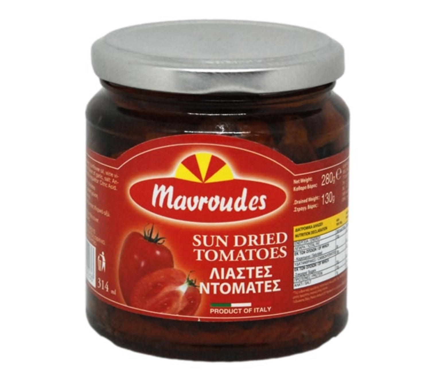 460218.png Стъклен буркан със сушени домати Masiello 280 г – плътни червени домати, покрити със златисто слънчогледово олио и зелени билки.