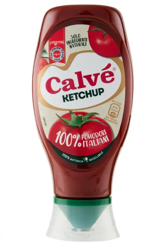 460340.png Calvé Кетчуп 430 мл – червена обърната бутилка с жълт капак и класически етикет с домати.