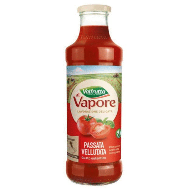 Стъклено бурканче с Passata al Vapore Valfrutta 700 мл – гладък червен доматен сос без кожи и семки.