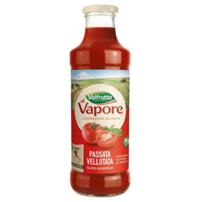 Стъклено бурканче с Passata al Vapore Valfrutta 700 мл – гладък червен доматен сос без кожи и семки.