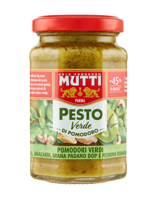 Песто Mutti от зелени домати с кашу, пекорино и Grana Padano – буркан 180 г на светла повърхност
