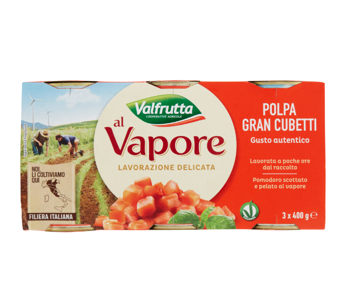 460495.png Метални консервни кутии (3 бр.) с нарязани на кубчета домати Valfrutta 3×400 г – стилна класическа опаковка.