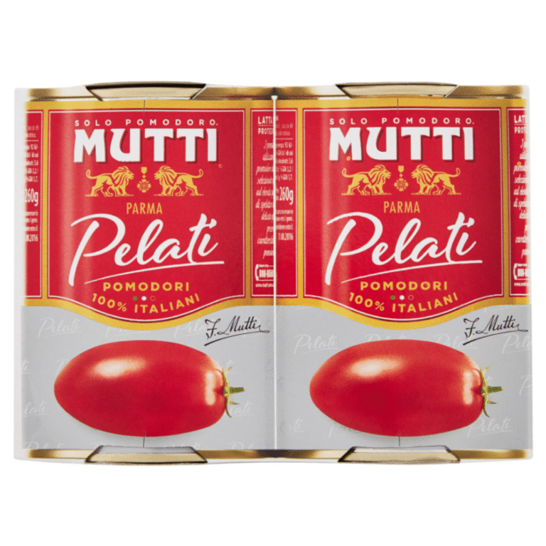 Две консервни кутии с белени цели домати Mutti 2×400 г – яркочервени домати в сок, без кожи и семки.