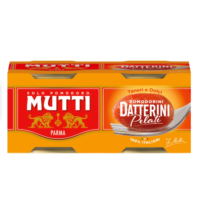 Консервни кутии (2 × 200 г) с цели домати Mutti – яркочервени белени домати, запечатани в доматен сок, без кожи и семки.