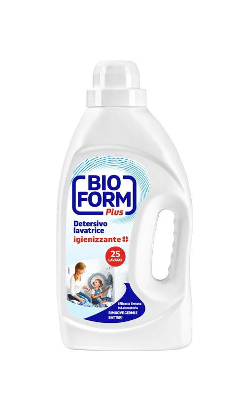Опаковка на хигиенен течен перилен препарат Bioform+ 1,625 л със син етикет и отбелязан хигиенен ефект.