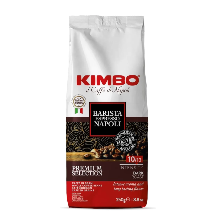 Пакет кафе на зърна Kimbo Еспресо 250 г с илюстрация на кафени зърна и лого Kimbo