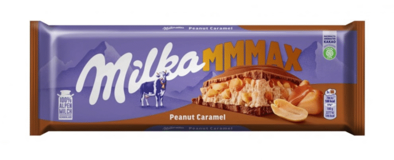 Млечен шоколад Milka с фъстъци и карамел, 276 г в лилава опаковка.