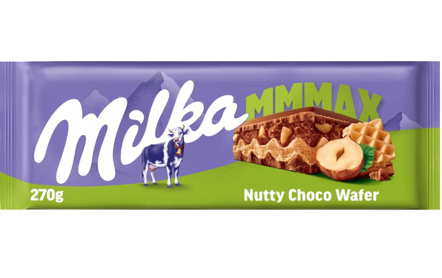 Млечен шоколад Milka Nutty ChocoWafer 270 г с вафли и ядки в лилава опаковка.