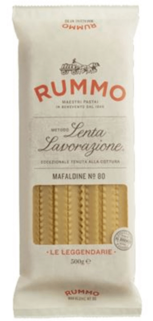 Опаковка 500 г Mafaldine Rummo №80 – широка къдравa паста, бронзова обработка, идеална за богати сосове