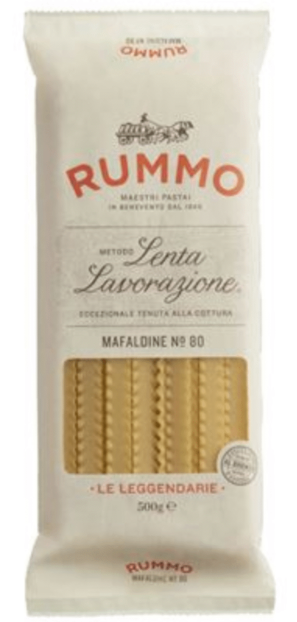 Опаковка 500 г Mafaldine Rummo №80 – широка къдравa паста, бронзова обработка, идеална за богати сосове