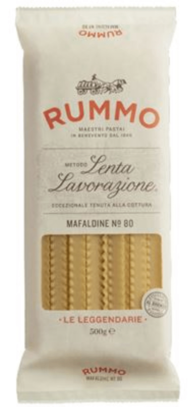 Опаковка 500 г Mafaldine Rummo №80 – широка къдравa паста, бронзова обработка, идеална за богати сосове