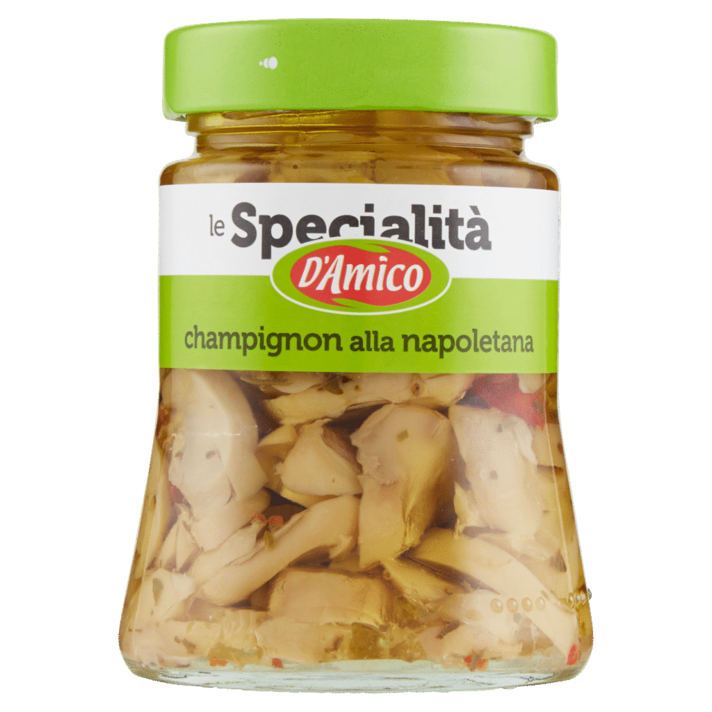 Стъклен буркан с мариновани печурки D’Amico alla Napoletana 280 г – цели печурки, потопени в златисто олио с парченца чушка и зелени билки.