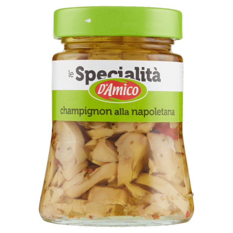 Стъклен буркан с мариновани печурки D’Amico alla Napoletana 280 г – цели печурки, потопени в златисто олио с парченца чушка и зелени билки.