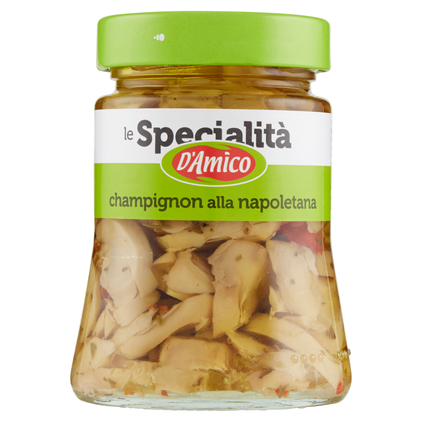 4924.png Стъклен буркан с мариновани печурки D’Amico alla Napoletana 280 г – цели печурки, потопени в златисто олио с парченца чушка и зелени билки.