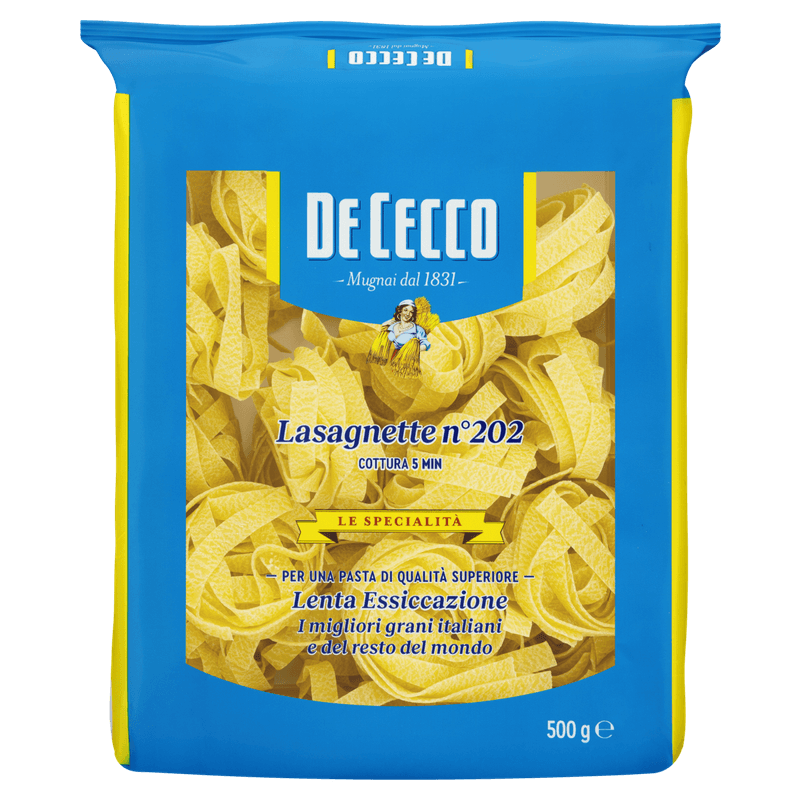 Опаковка макарони Lasagnette 202 De Cecco 500 г – малки макарони с отлична текстура и вкус.