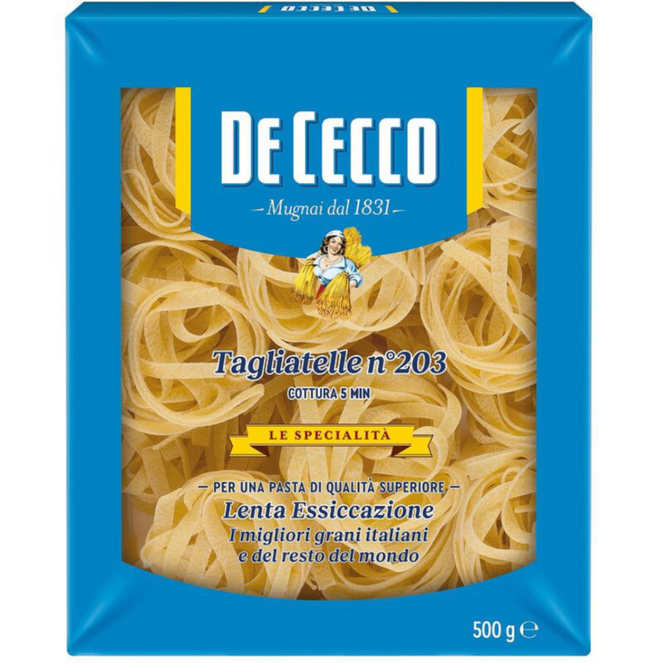 4935.png Опаковка талиатели De Cecco 203 500 г – дълги, плоски макарони от твърда пшеница.