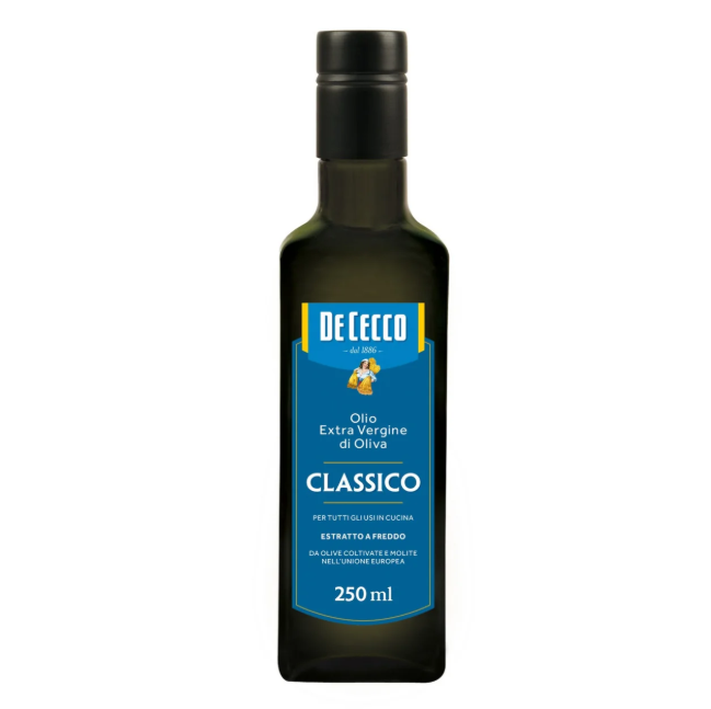 Бутилка зехтин De Cecco Екстра Върджин 250 мл – студено пресован, 100% италиански, с ниска киселинност и високо съдържание на мононенаситени мазнини.