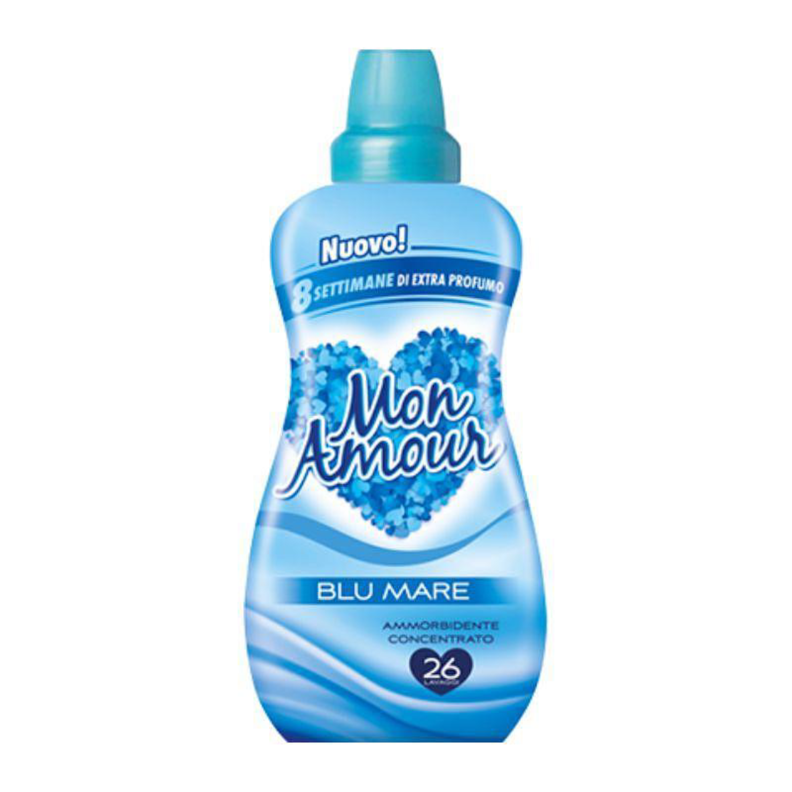 4964.png Омекотител Mon Amour Морско Синьо 650 мл – компактна бутилка с морски аромат и дълготрайна мекота за прането.