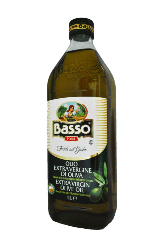 Бутилка зехтин BASSO Екстра Върджин 1 л – студено пресован, с ниска киселинност, идеален за салати, паста и готвене