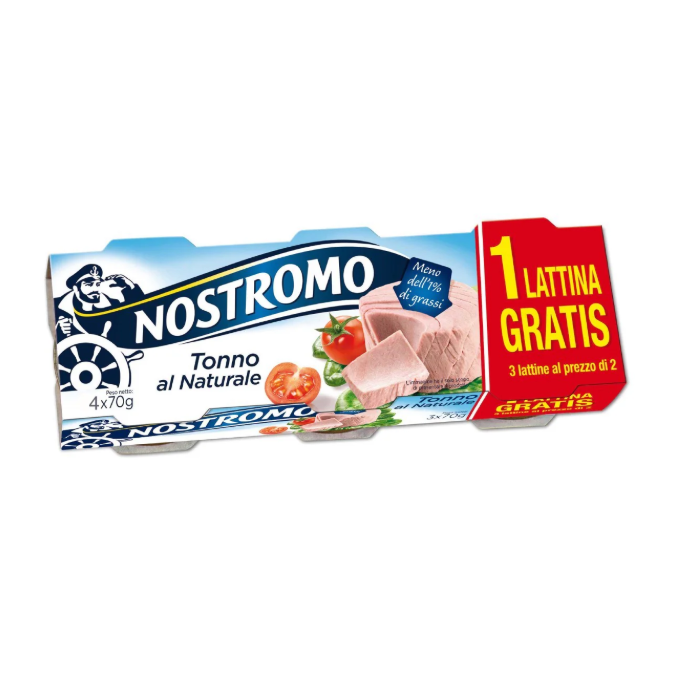 5047.png Опаковка Nostromo риба тон натурална 4 x 70 г с апетитна снимка на консерви и риба тон.
