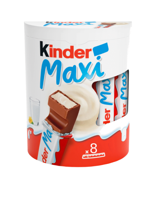Опаковка Kinder Maxi с 8 броя шоколадови блокчета по 21 г.