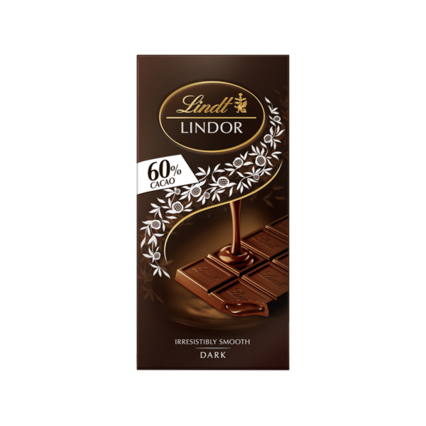 Таблет тъмен шоколад Lindor Dark 60% какао 100 г с фин пълнеж и елегантна опаковка.