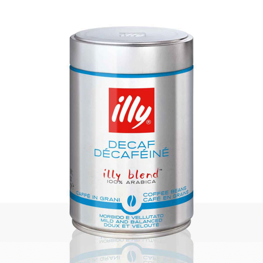 Метална кутия с 250g мляно кафе Illy Decaf – безкофеиново кафе с премиум качество