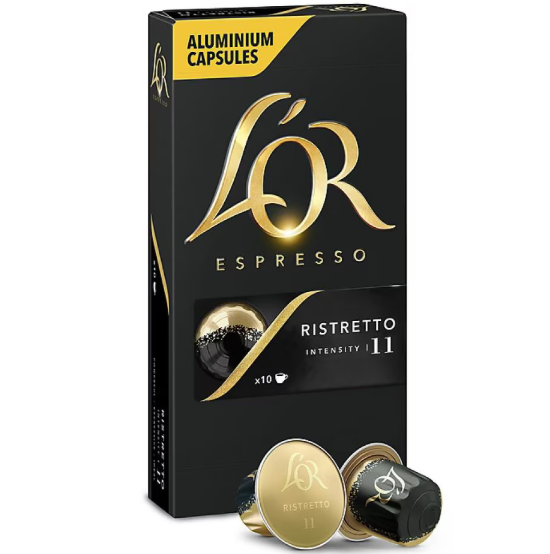 Кутия с 10 капсули L’OR Ristretto, съвместими с Nespresso, с черно-златист дизайн