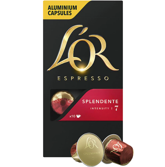 Кутия с 10 капсули L’OR Splendente, съвместими с Nespresso, със златист дизайн