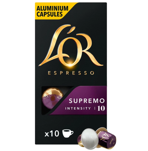 Кутия с 10 капсули L’OR Supremo, съвместими с Nespresso, с тъмно-златист дизайн