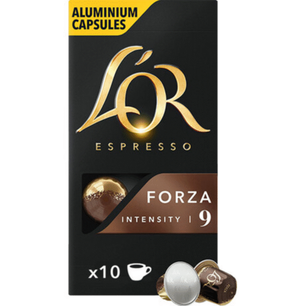 Кутия с 10 кафе капсули L’OR Forza, съвместими с Nespresso, с тъмно червен дизайн