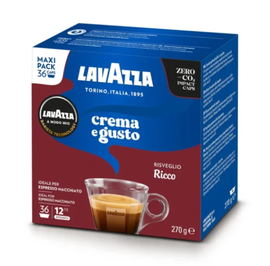 Кутия с 36 кафе капсули Lavazza A Modo Mio Crema e Gusto Ricco – наситен вкус с шоколадови нюанси
