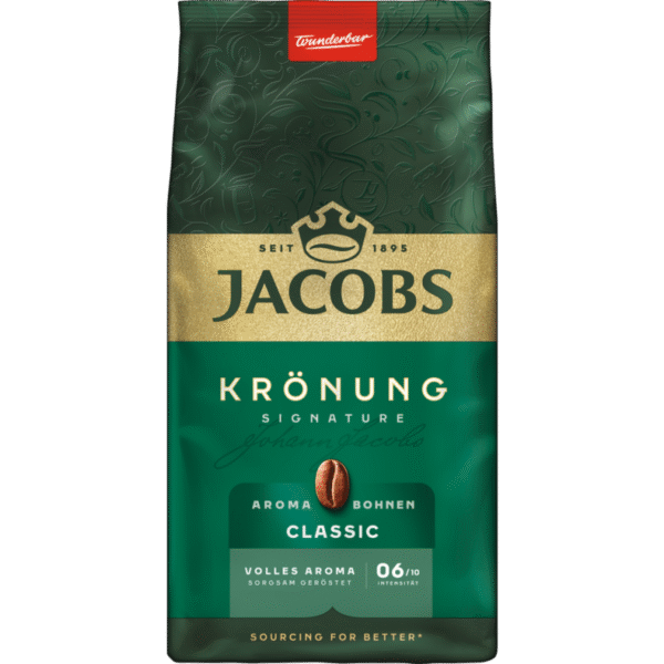 Пакет кафе на зърна Jacobs Kronung 500 г с класически зелено-златист дизайн