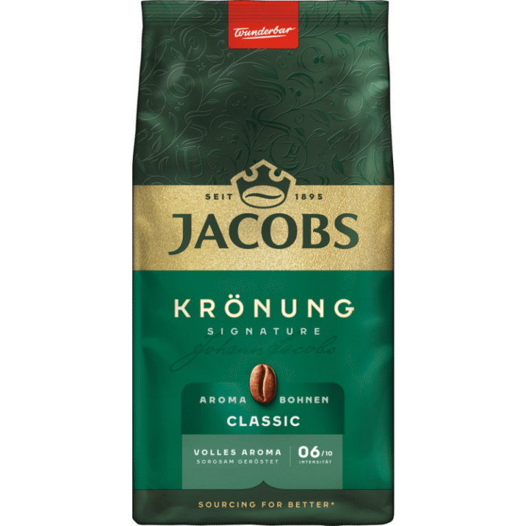 Пакет кафе на зърна Jacobs Kronung 500 г с класически зелено-златист дизайн
